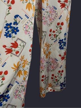 Satin Look Floral Cream Wide Leg Pants with a Multicolor Print